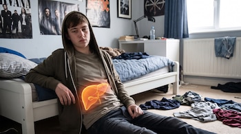 Un joven sentado en el suelo de un dormitorio junto a una cama, con un gráfico de un hígado brillante en color amarillo sobre su abdomen.