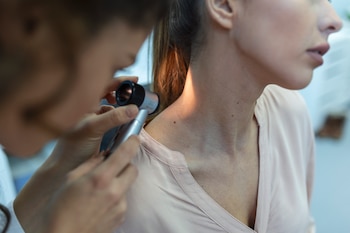 Una dermatóloga observa el lunar de una mujer (Magnific)