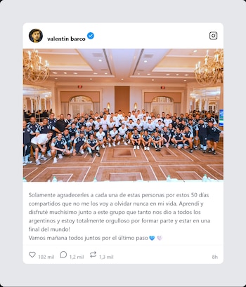 Captura de pantalla de una publicación de Instagram de Valentin Barco con la Selección Argentina. Incluye foto grupal y texto