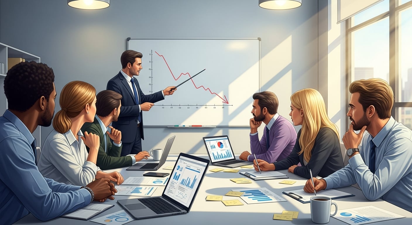 Un gerente presenta un gráfico de tendencias descendentes a su equipo atento en una moderna sala de reuniones, fomentando la colaboración para abordar los desafíos financieros urgentes. (Imagen Ilustrativa Infobae)