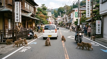 Varios monos ocupan el asfalto de una calle japonesa entre un automóvil blanco, una motocicleta y varios peatones.