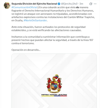 Este es el comunicado oficial del Ejército sobre el hostigamiento a batallón de Ocaña - crédito @Ejercito_Div2/X