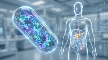 Una cápsula biomédica transparente con moléculas brillantes de agonista GLP-1 flota frente a una silueta humana translúcida con el páncreas e intestino iluminados.