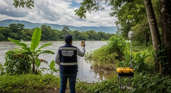 Un técnico de Insivumeh, de espaldas, con gorra y chaleco, observa un río mientras sostiene un dispositivo de medición. A su derecha, equipo meteorológico.