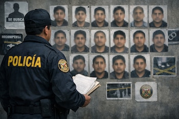 Un oficial de la Policía Nacional del Perú de espaldas, con "POLICÍA" en su uniforme, observa un muro gris con múltiples retratos pixelados y carteles de búsqueda.