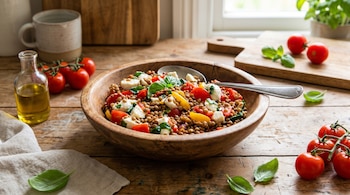 Un bol de madera con ensalada de lentejas, tomates cherry, mozzarella y albahaca en una mesa rústica de cocina. Botella de aceite, tomates y hojas de albahaca fresca alrededor.