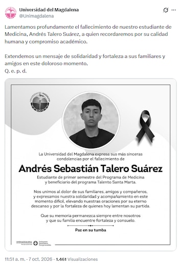 Captura de pantalla de una publicación en red social con la fotografía de un joven, un lazo negro y un comunicado de condolencias
