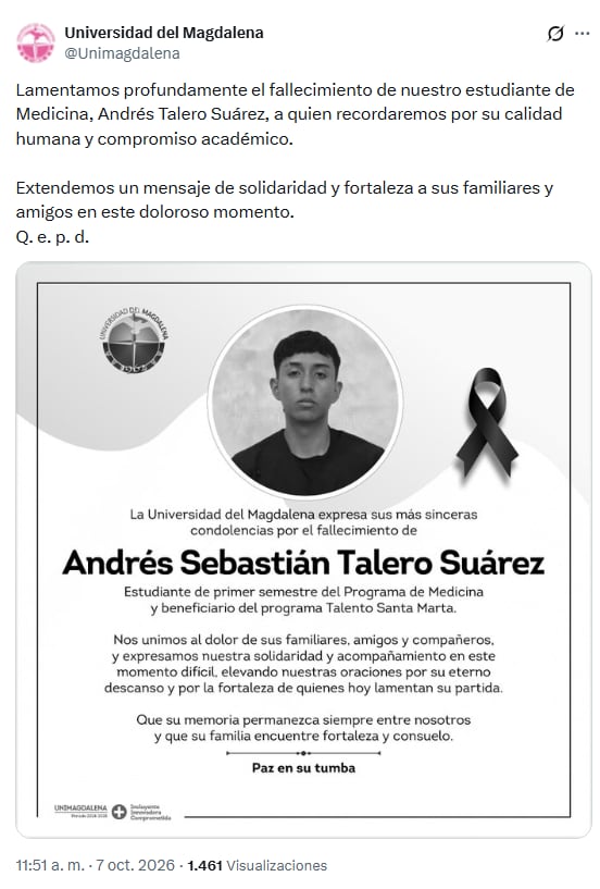 La Universidad del Magdalena lamentó el fallecimiento de su alumno de primer semestre a través de un mensaje público - crédito Universidad del Magdalena/X