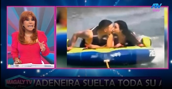 Angie Zapata y su nuevo acompañante: joven de 23 años fue detenido por presunta vinculación con banda criminal. Captura: Magaly TV La Firme.