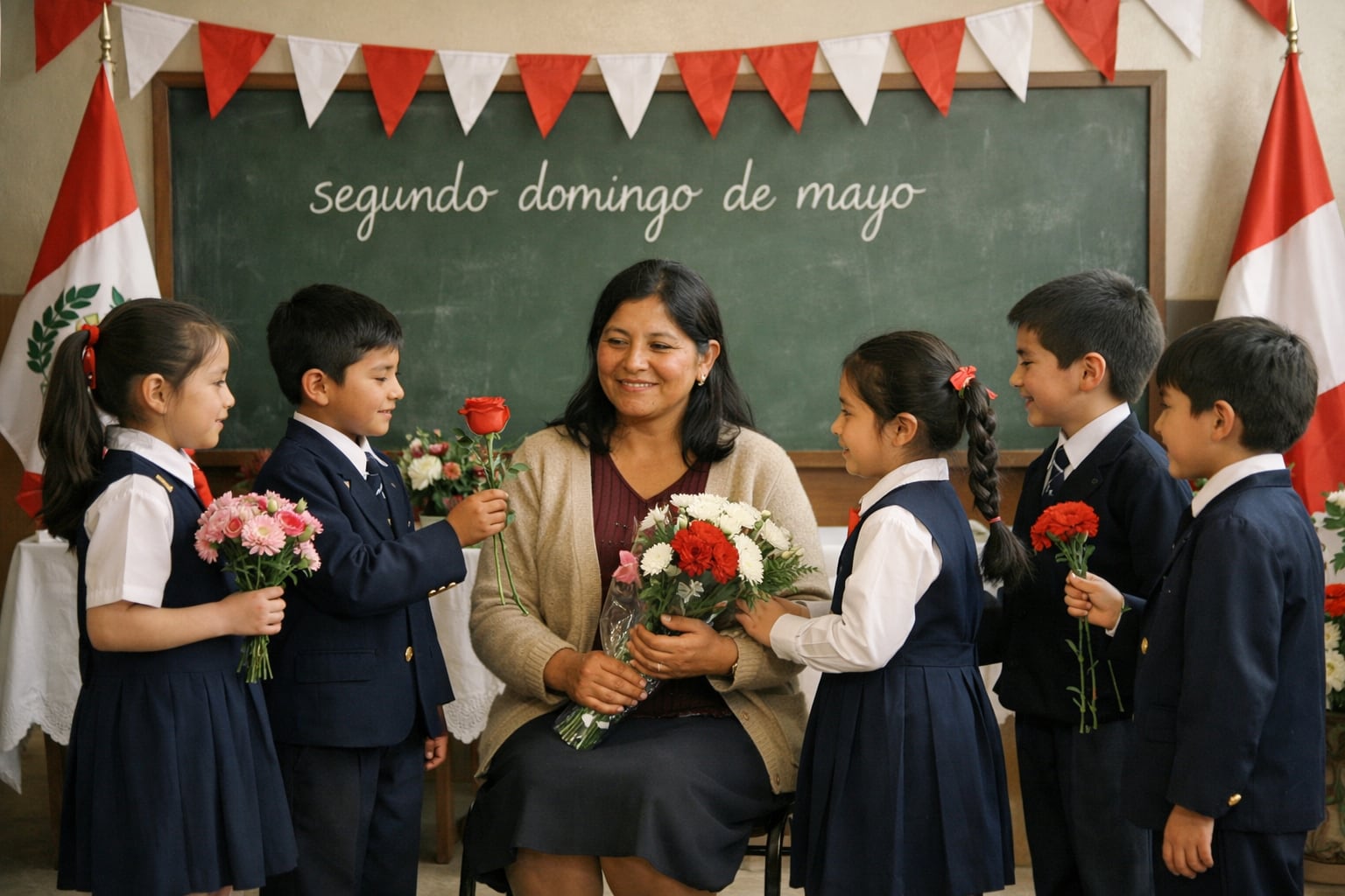 Niños y niñas de primaria en Perú presentan flores a una mujer adulta, representando a la madre peruana, durante una ceremonia escolar adornada con banderas y banderines. (Imagen Ilustrativa Infobae)