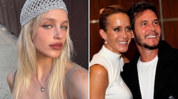 Retrato de una joven rubia con gorro tejido plateado al lado de una fotografía de una mujer de blanco y un hombre con saco negro.