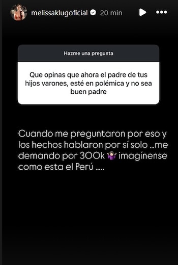 “Me demandó por 300k”, escribió Melissa Klug al responder la consulta de un seguidor.