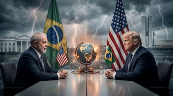 Imagen que muestra a Lula da Silva y Donald Trump sentados frente a frente en una mesa. Detrás, banderas de Brasil y EE.UU., un globo agrietado con chispas en el centro y relámpagos.