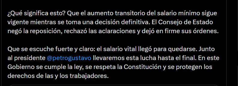 Antonio Sanguino precisó que, en esa misma decisión, el tribunal ordenó al Gobierno nacional expedir un decreto transitorio, mandato que se materializó con el Decreto 159 de 2026 - crédito @AntonioSanguino/X