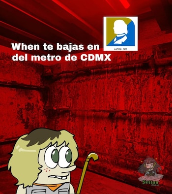 Un personaje de caricatura, con expresión asustada y un bastón, aparece en un pasillo oscuro y deteriorado de color rojo, con el logo del Metro Hidalgo y texto