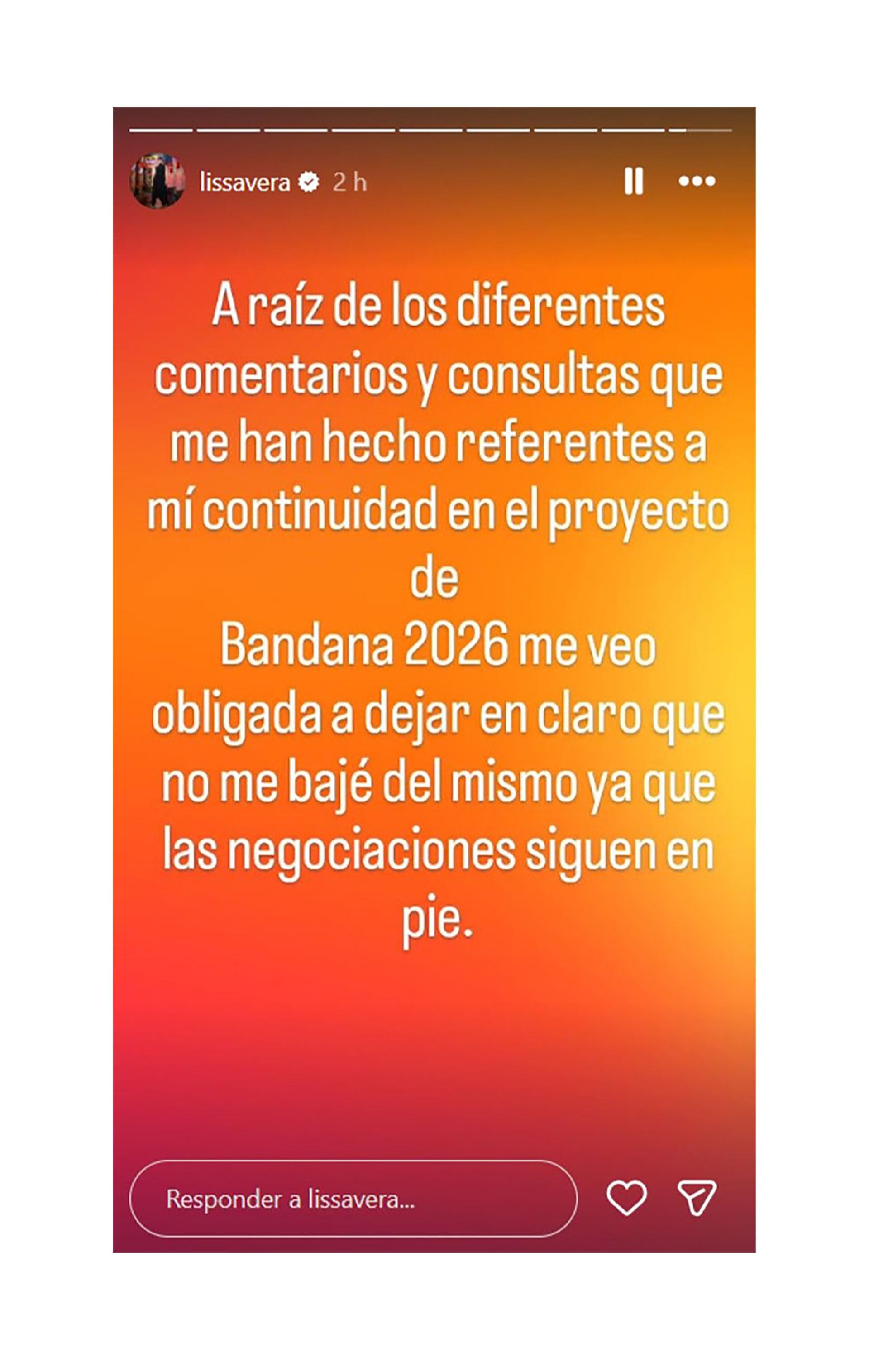 Lissa Vera desmiente su salida de Bandana y confirma que sigue en negociaciones para el reencuentro de 2026