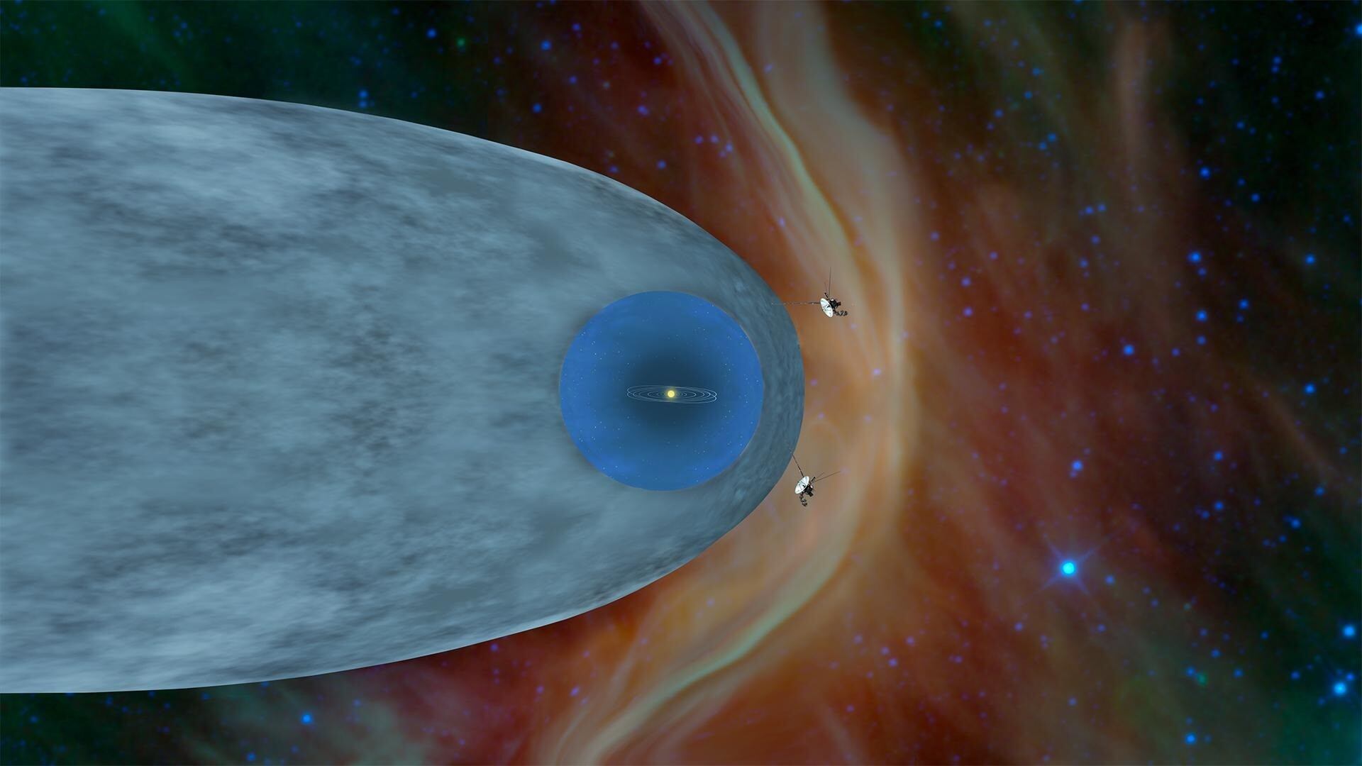 Esta ilustración muestra las sondas Voyager 1 y Voyager 2 de la NASA fuera de la heliosfera, la burbuja protectora creada por el Sol alrededor de nuestro Sistema Solar.(NASA/JPL-CALTECH)