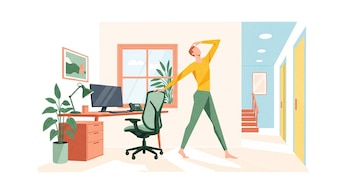 Ilustración de una persona estilizada estirándose en una oficina moderna con un escritorio, monitor, silla ergonómica y planta, con luz natural entrando por la ventana.
