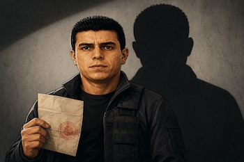 Ilustración de un hombre con chaqueta táctica que sostiene un papel sellado frente a una pared gris donde se proyecta una sombra.