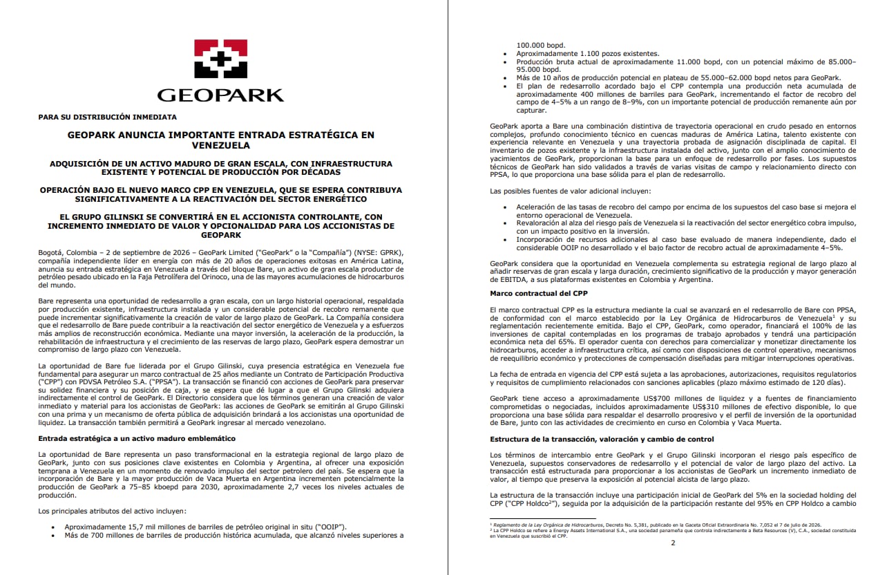 El Grupo Gilinski puede elevar su participación en GeoPark hasta 58,4% del capital tras una operación valorada en cerca de USD 160 millones - crédito GeoPark