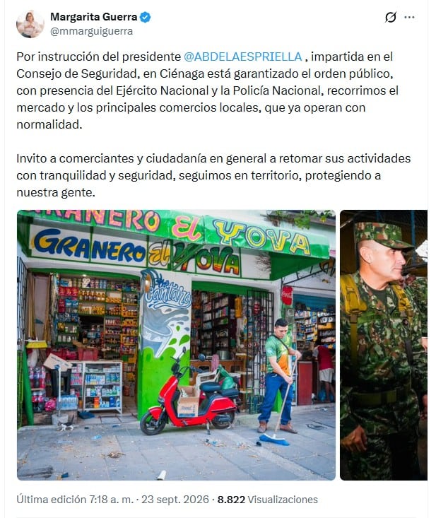 Guerra invitó a los comerciantes a retomar sus actividades económicas - crédito @mmarguiguerra/X
