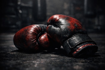 Primer plano de dos guantes de boxeo rojos y negros, muy desgastados, apoyados en el suelo oscuro de un gimnasio, con fondo desenfocado y sombras profundas.