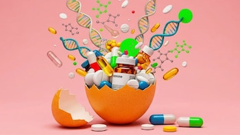 Ilustración de un huevo roto lleno de píldoras, cápsulas y frascos de medicamentos. Cadenas de ADN y moléculas verdes flotan alrededor sobre un fondo blanco.