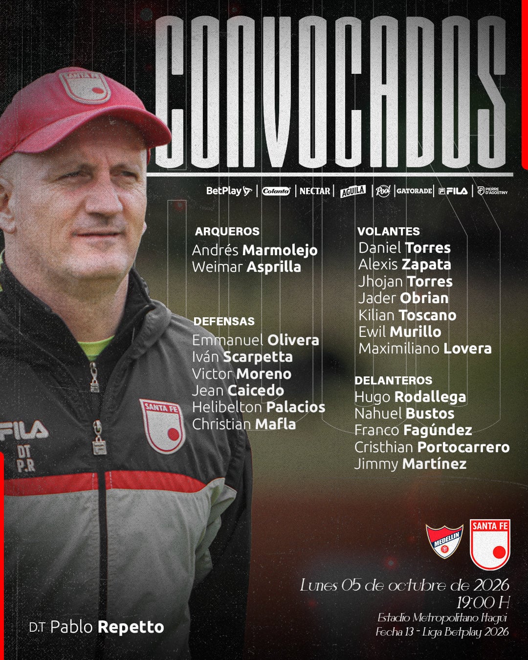 Convocados de Independiente Santa Fe para enfrentar al Independiente Medellín - crédito @SantaFe/X