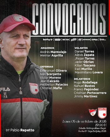 Convocados de Independiente Santa Fe para enfrentar al Independiente Medellín - crédito @SantaFe/X