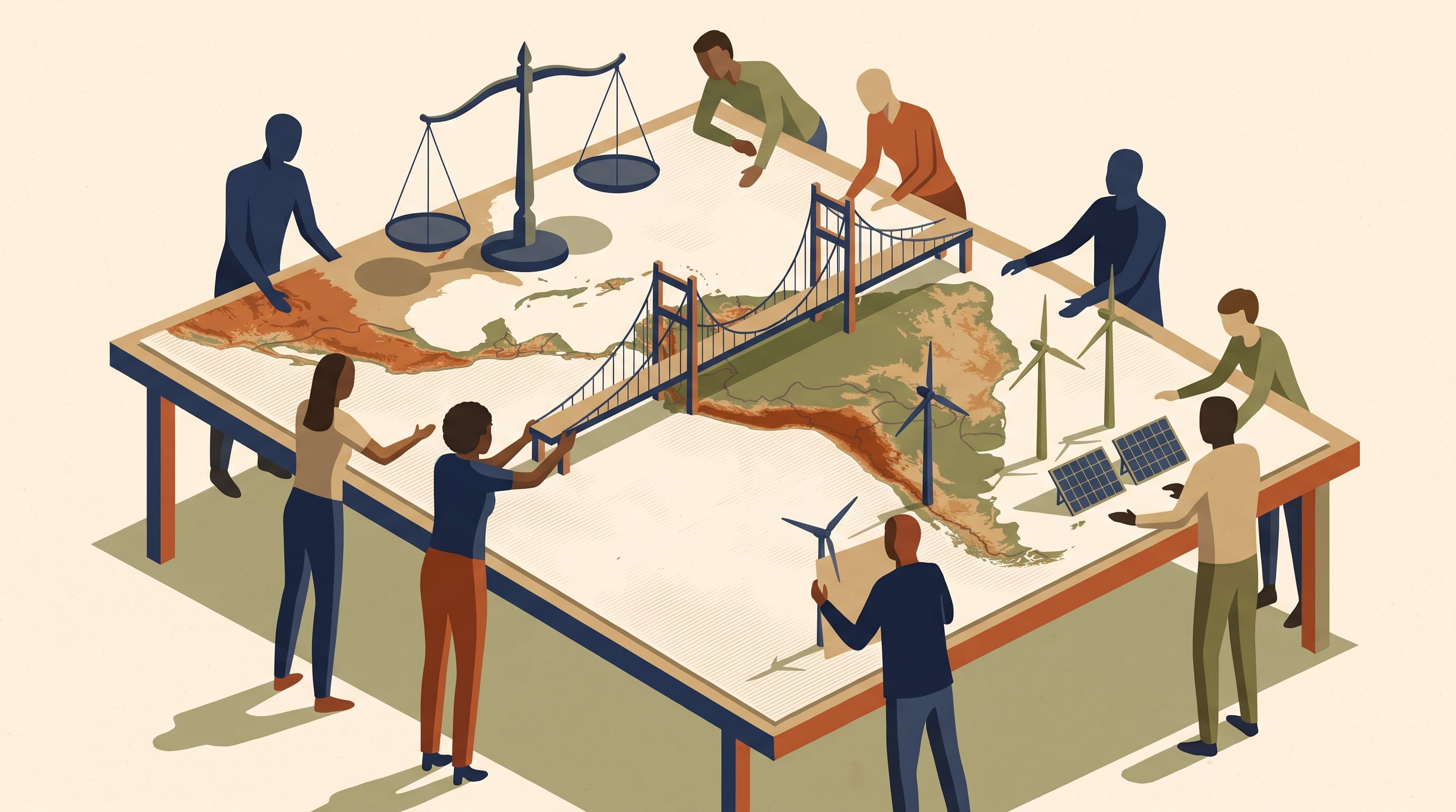 Un grupo de personas colabora sobre un mapa de América Latina para instalar maquetas de justicia, infraestructura vial y fuentes de energía renovable. (Imagen Ilustrativa Infobae)