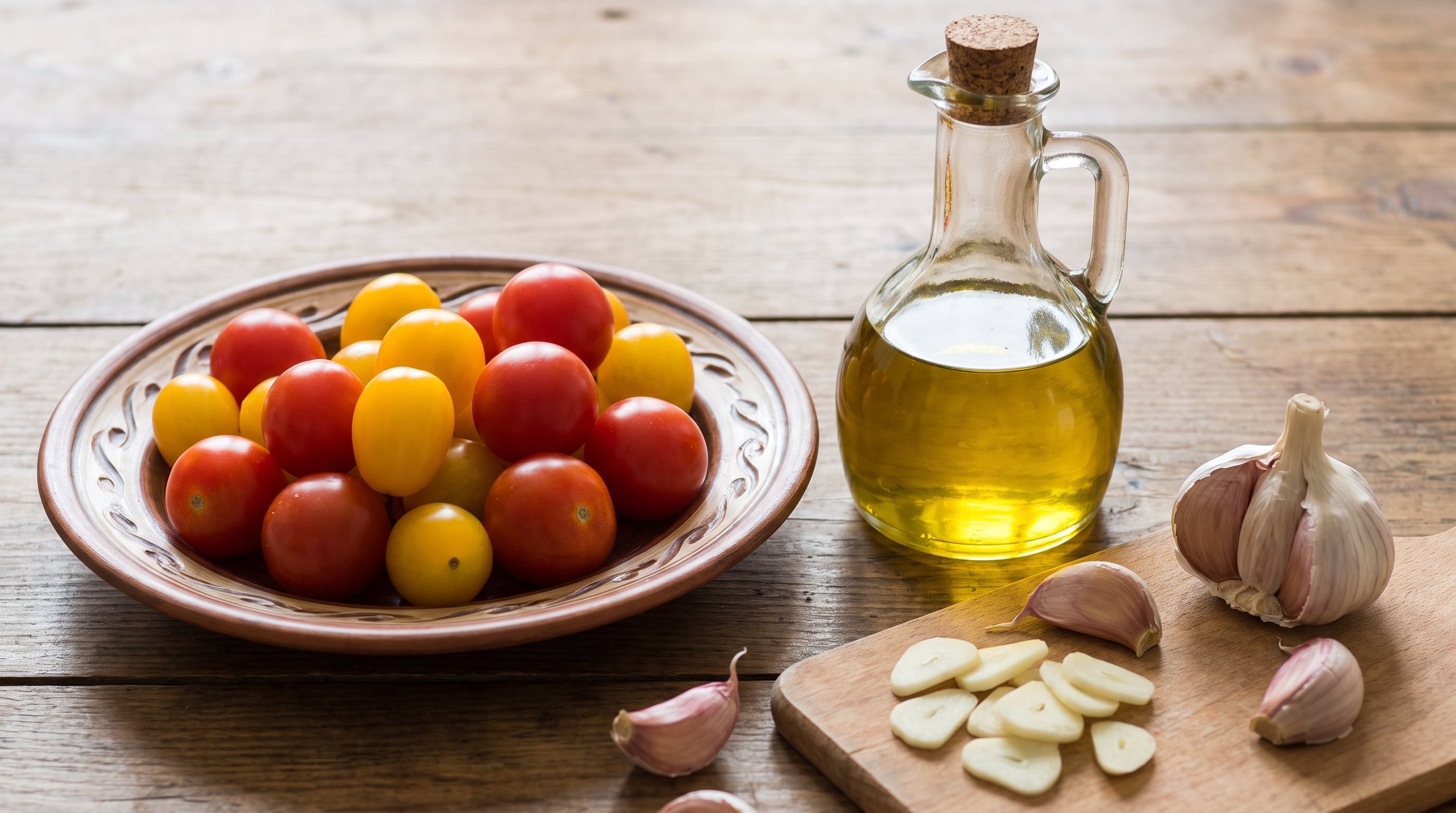 La preparación combina, entre otros ingredientes, tomates cherry con aceite de oliva y ajo laminado (Imagen Ilustrativa Infobae)