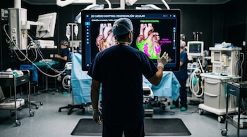 Médico de espaldas frente a una pantalla interactiva que exhibe un modelo tridimensional de corazón humano en un quirófano.
