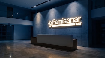 Lobby moderno con mostrador de recepción, pared de concreto con el logotipo luminoso de Famisanar EPS, pisos de baldosas y un segundo nivel con barandilla de vidrio.