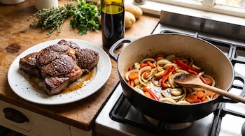 Plato con carne de res sellada, olla en la estufa con cebolla, zanahoria, morrón y ajo salteándose, cuchara de madera, botella de vino, hierbas frescas, papas.