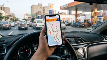 Una mano sostiene un teléfono con un mapa y marcadores dentro de un automóvil frente a una calle y una estación de servicio.
