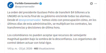 Partido Conservador questiona o financiamento de US$ 4 bilhões do Ungrd sobre o El Niño - crédito @soyconservador/X