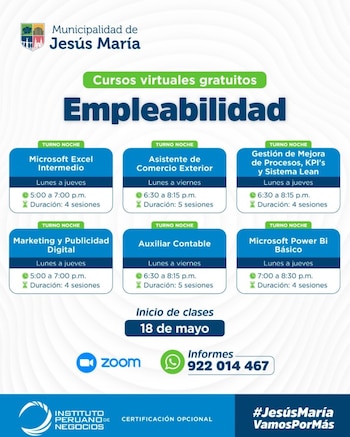 El municipio reiteró que todas las capacitaciones son completamente gratuitas y abiertas al público en general - Créditos: Municipalidad de Jesús María.
