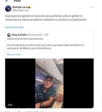 Rodrigo Lara le pide al Gobierno que se pronuncia sobre recientes denuncias de colombianos en México - crédito @Rodrigo_Lara_