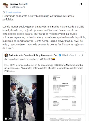El gobierno argumenta que el aumento tendrá un efecto positivo en la economía de las regiones de origen de los uniformados - crédito captura de pantalla - @petrogustavo / X