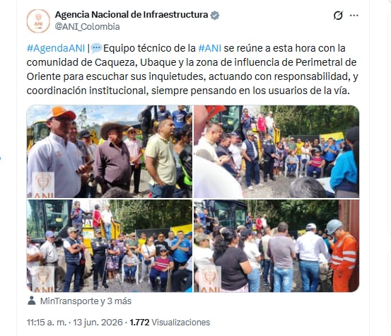 La Agencia Nacional de Infraestructura se reunió con la comunidad de Caqueza, Ubaque y la zona de influencia de Perimetral de Oriente para escuchar sus inquietudes - crédito @ANI_Colombia/X