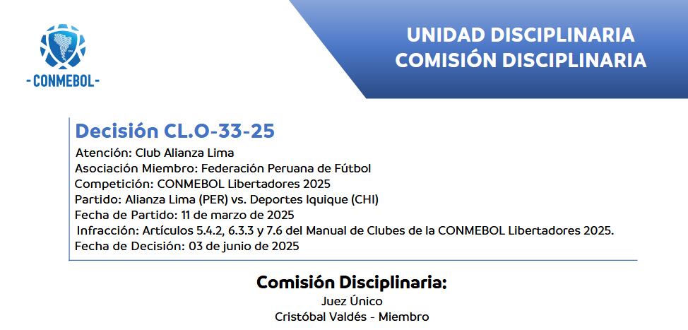 Comunicado de Conmebol sobre las multas a Alianza Lima en la Copa Libertadores 2025.