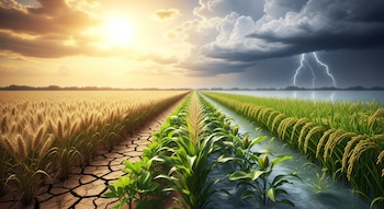 Campo agrícola dividido: izquierda con trigo y soja en tierra seca agrietada bajo sol; derecha con maíz y arroz en agua por inundación bajo cielo de tormenta con rayos.