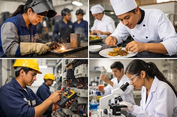 Un collage que muestra a cuatro jóvenes, una soldadora, un chef, un electricista y una científica usando un microscopio, en sus respectivos entornos de formación.