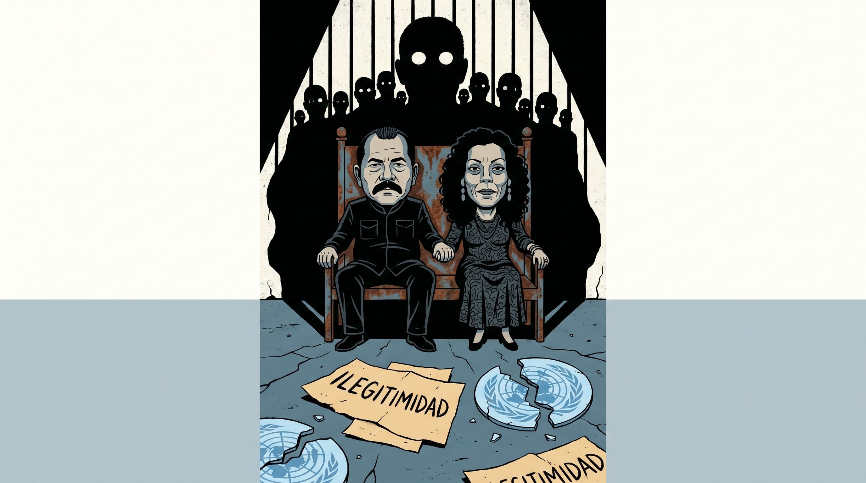 Daniel Ortega y Rosario Murillo se sientan en un trono de hierro oxidado mientras una sombra de presos políticos se cierne sobre ellos, con símbolos de ilegitimidad y la OEA rotos a sus pies. (Imagen Ilustrativa Infobae)