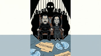 Ilustración de Daniel Ortega y Rosario Murillo, sentados en un trono oxidado, con sombra de personas enjauladas y papeles de "ILEGITIMIDAD" y símbolos OEA rotos.
