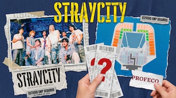 Una mano sostiene boletos con signos de interrogación rojos sobre una composición estilo scrapbook que incluye una foto de Stray Kids y un mapa de un estadio.