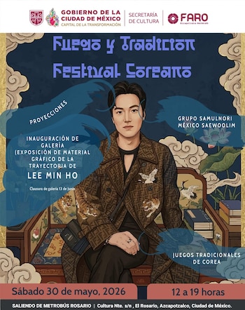 Un póster promocional para el "Festival Coreano Fuego y Tradición" que presenta una ilustración del actor Lee Min Ho sentado sobre un fondo oscuro con motivos asiáticos