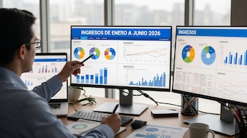Persona con gafas analizando datos financieros en tres monitores y un portátil, señalando gráficos de ingresos con un lápiz. Teclado, ratón y documentos con diagramas.
