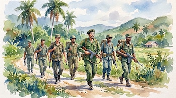 Pintura en acuarela de seis soldados armados que caminan por un camino de tierra entre vegetación tropical y montañas.