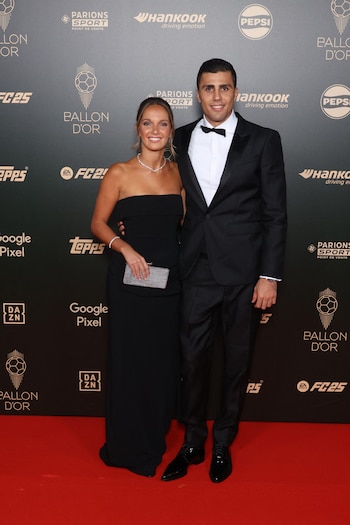 Rodrigo Hernandez Bibula Cascante aka Rodri and Laura Iglesias arriving at the Ballon d Or 2024 Ceremony at the Chatelet theater, on October 28, 2024 in Paris, France. (Photo by Jerome Dominé/ABACAPRESS.COM Credit: Abaca Press/Alamy Live News).
